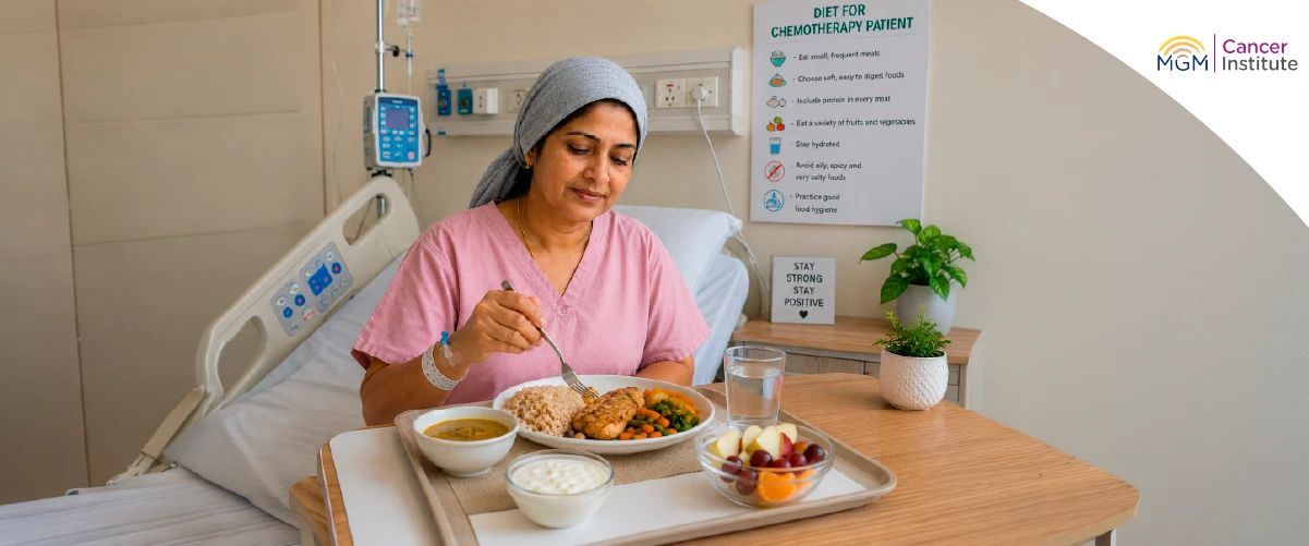 Healthy foods like fruits, vegetables, and protein versus unhealthy processed and spicy foods for chemotherapy patients