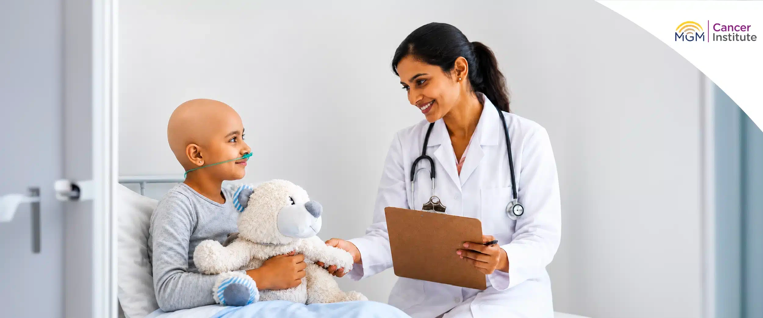 Child recovering from childhood cancer types like leukemia and lymphoma with emotional support in hospital